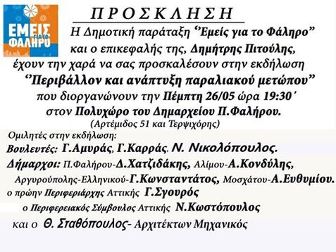 Χαιρετισμός Νίκου Νικολόπουλου (*)  Ημερίδα «Περιβάλλον και Ανάπτυξη Παραλιακού Μετώπου» Από τον συνδυασμό «ΕΜΕΙΣ ΓΙΑ ΤΟ ΦΑΛΗΡΟ»